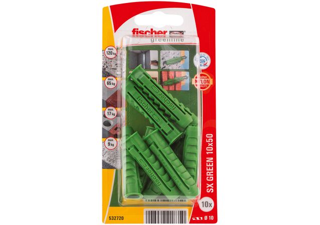 Emballasje: "fischer Nylonplugg SX Green 10 x 50 S med skrue"