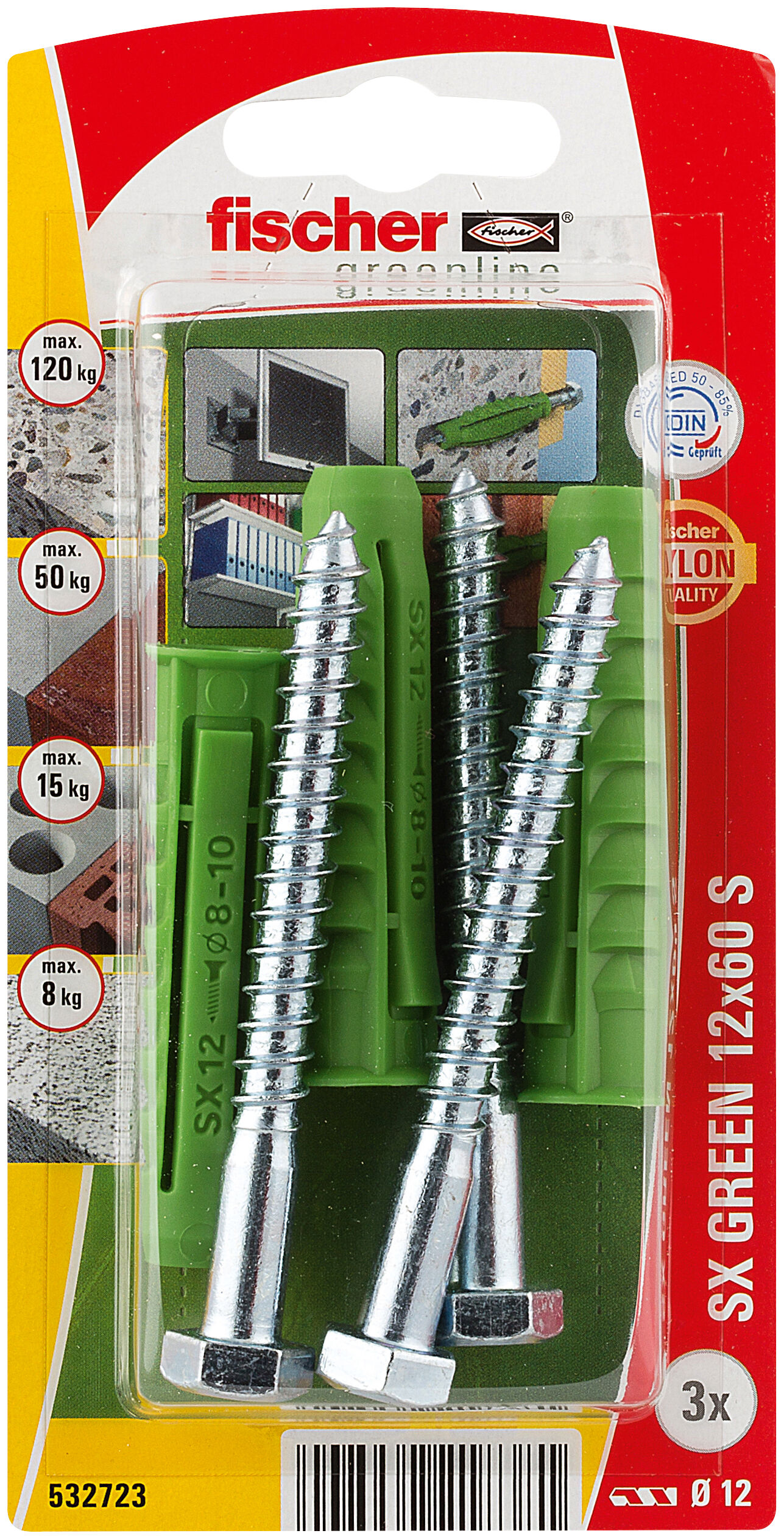 Packaging: "fischer Expansion plug SX Green 12 x 60 S with screw"