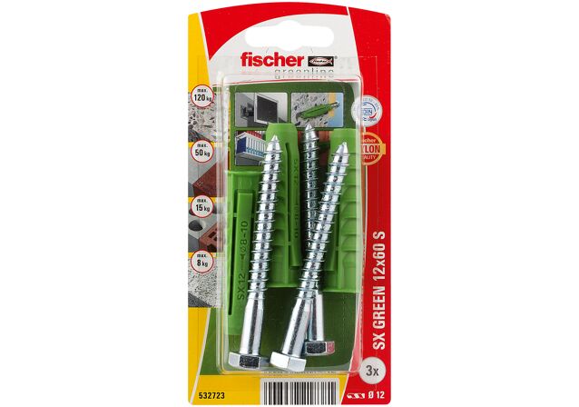 Packaging: "fischer Expansion plug SX Green 12 x 60 S with screw"