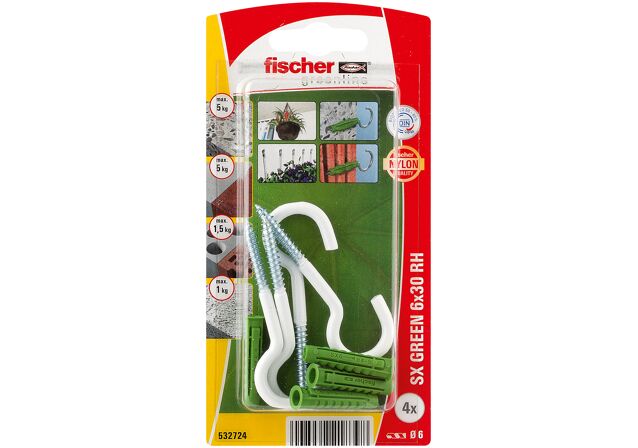 Packaging: "fischer Expansion plug SX Green 6 x 30 RH with round hook"