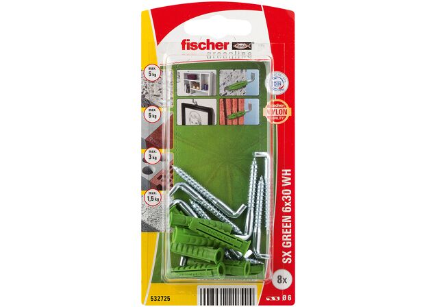 Packaging: "fischer Expansion plug SX Green 6 x 30 WH with angle hook"