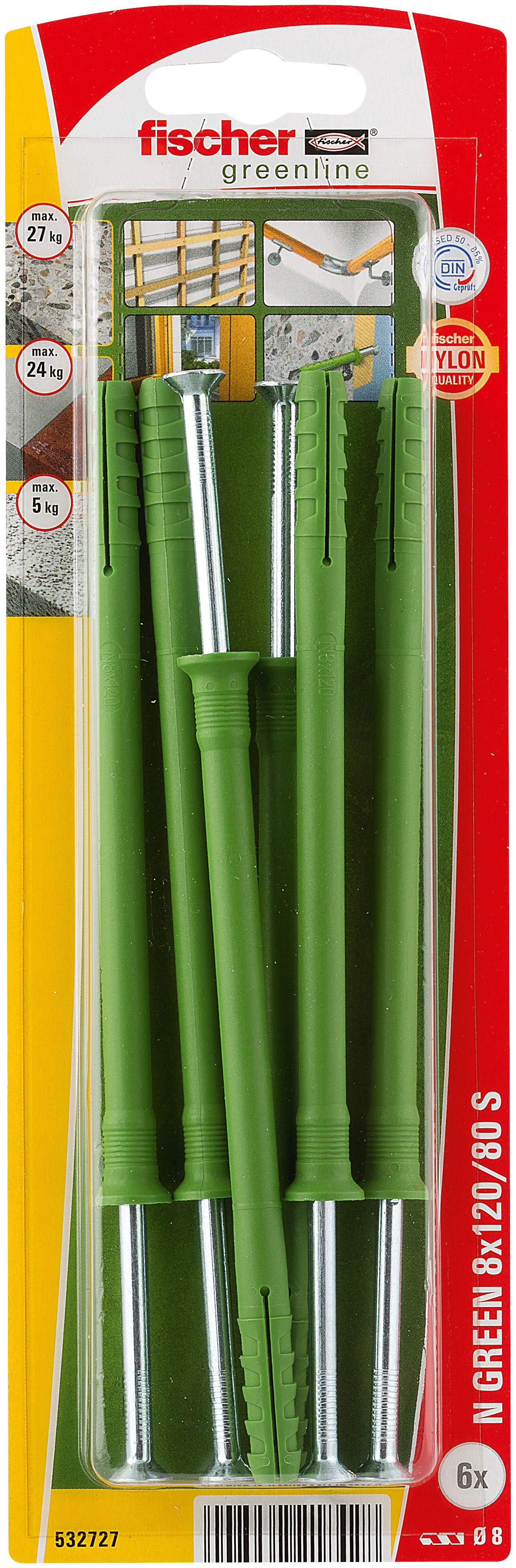 Packaging: "fischer Hammerfix N Green 8 x 120/80 S with countersunk head gvz K"