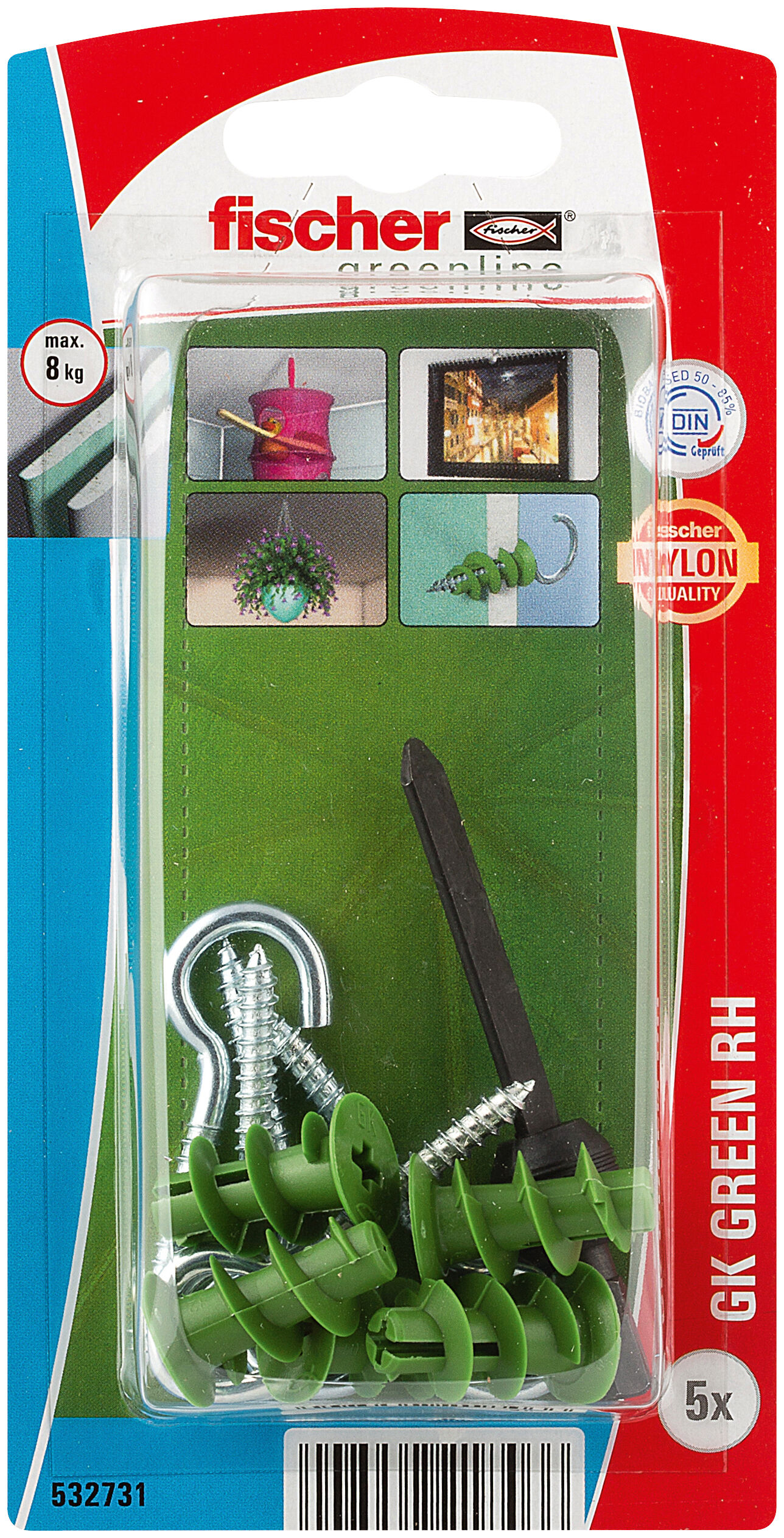 Packaging: "fischer Plasterboard fixing GK Green RH with round hook"
