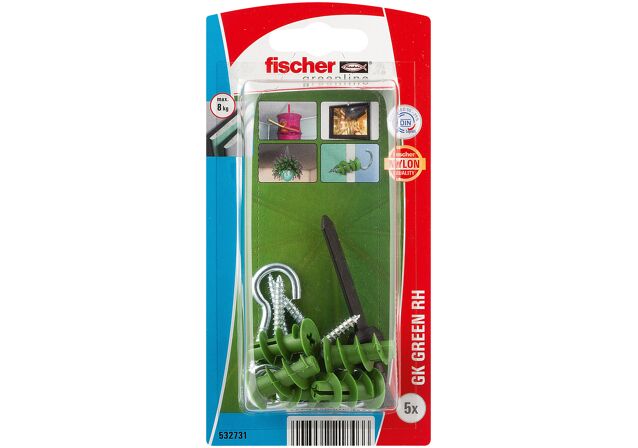 Packaging: "fischer Plasterboard fixing GK Green RH with round hook"