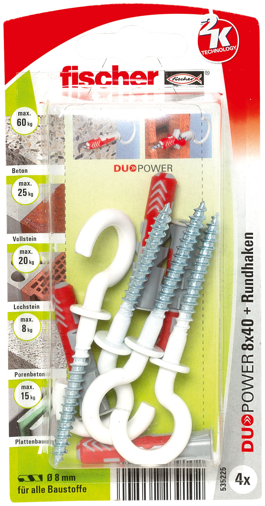 Verpackung: "fischer DuoPower 8 x 40 RH mit Rundhaken, nylonbeschichtet"
