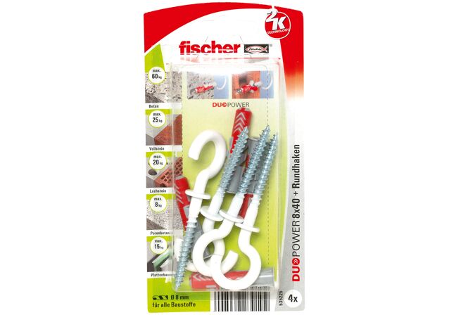 Packaging: "fischer DuoPower 8 x 40 RH with round hook, nylon coated"