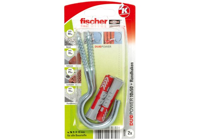 Verpackung: "fischer DuoPower 10 x 50 RH G mit Rundhaken, groß"