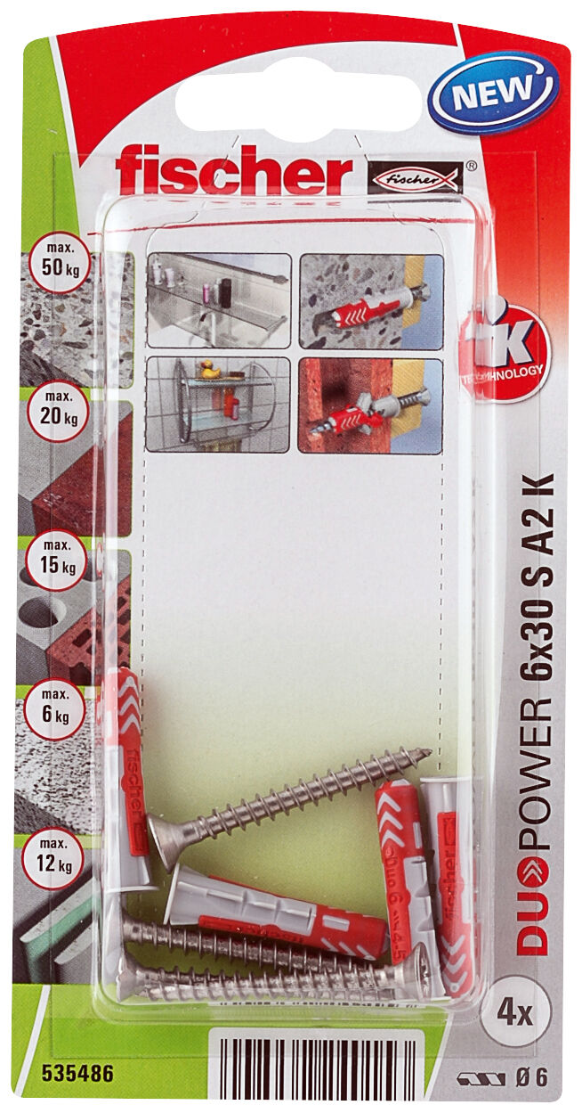 Packaging: "fischer DuoPower 6 x 30 S screw A2 stainless steel"