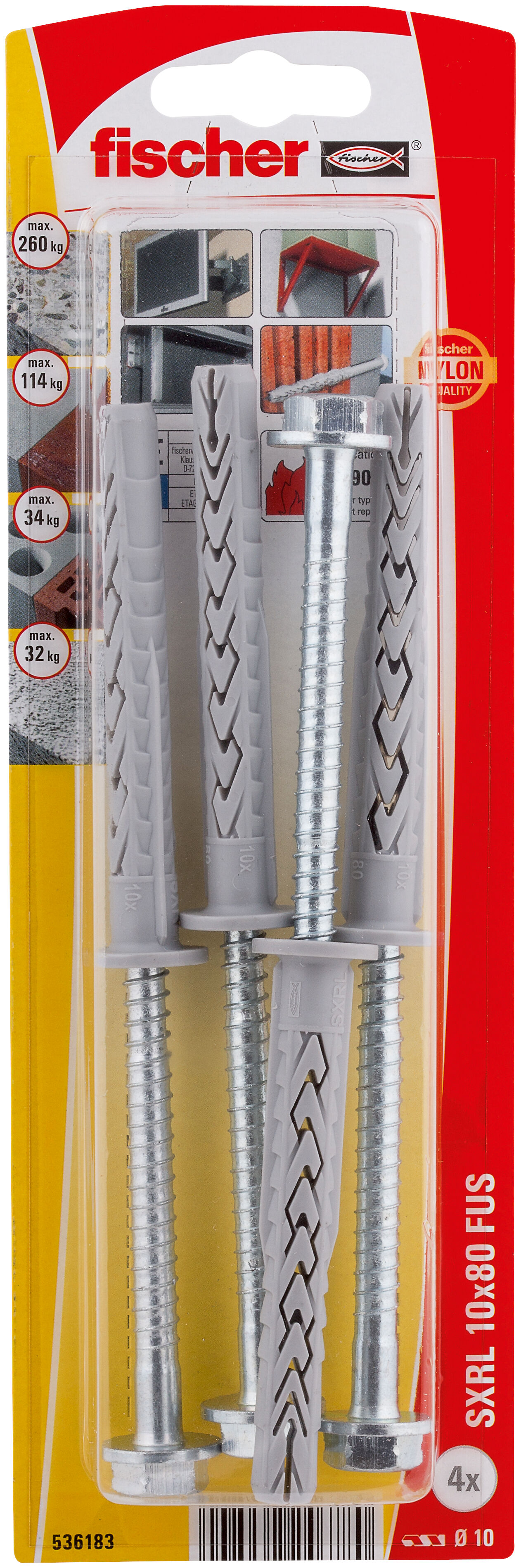 Verpackung: "fischer Langschaftdübel SXRL 10 x 80 FUS Sechskantschraube mit U-Scheibe"