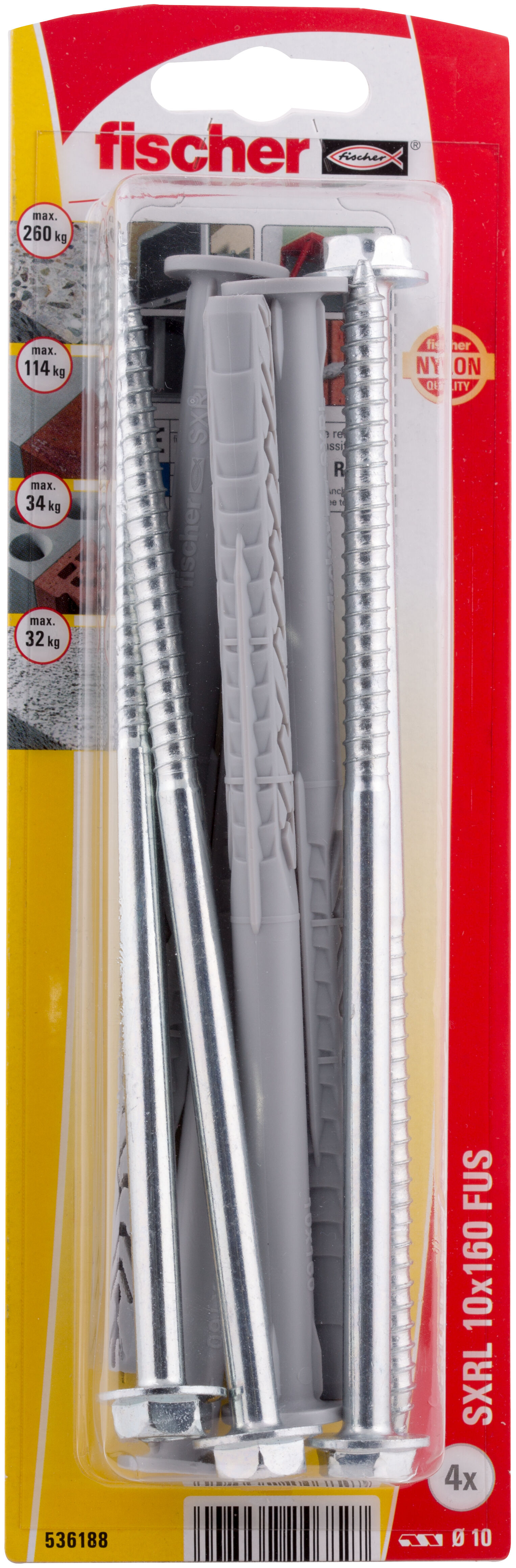 Verpackung: "fischer Langschaftdübel SXRL 10 x 160 FUS Sechskantschraube mit U-Scheibe"