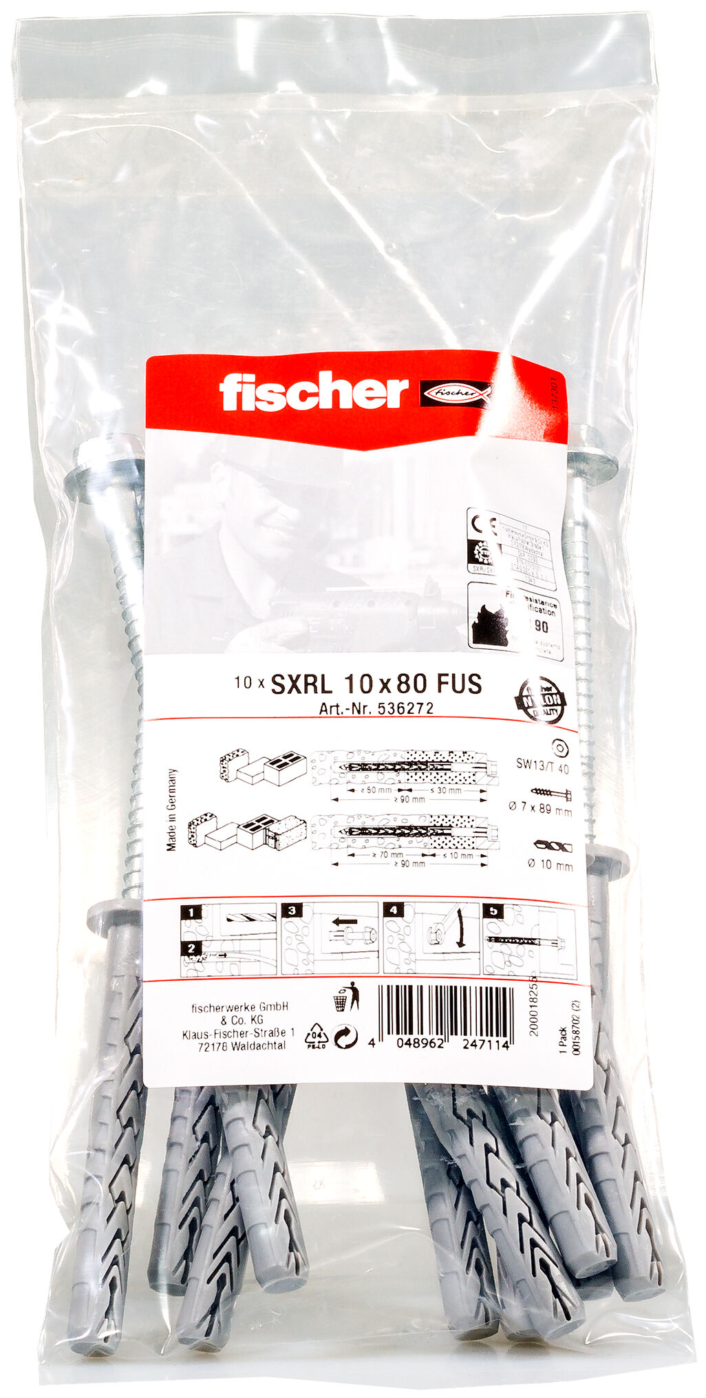 Packaging: "fischer Constructieplug SXRL 10 x 80 FUS zeskant kop"