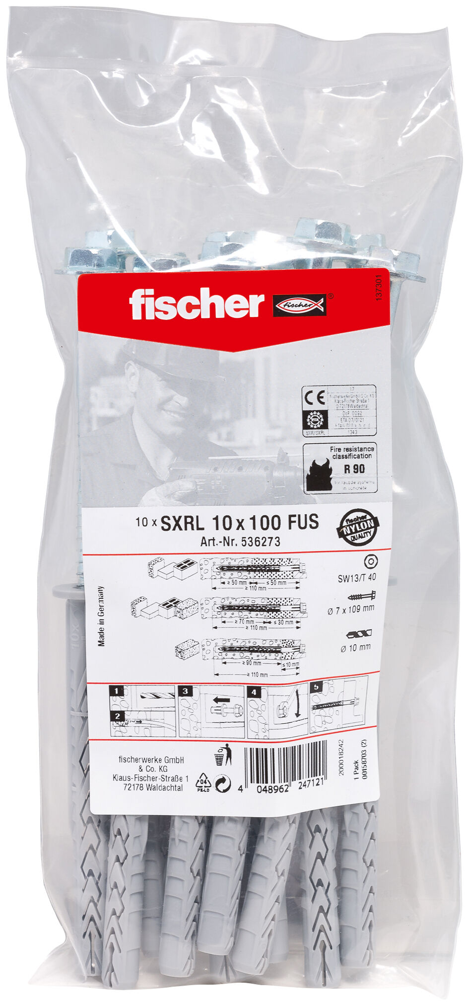 Packaging: "fischer Frame fixing SXRL 10 x 100 FUS zinc-plated steel"
