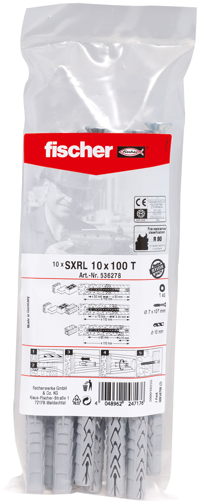 Packaging: "fischer Frame fixing SXRL 10 x 100 T zinc-plated steel"