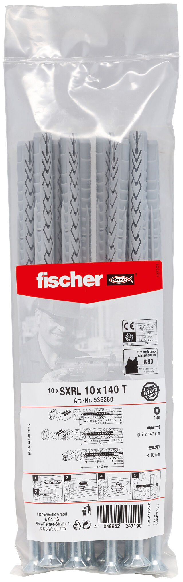Packaging: "피셔 프레임 앵커 SXRL 10 x 140 T 아연 도금, 스틸"