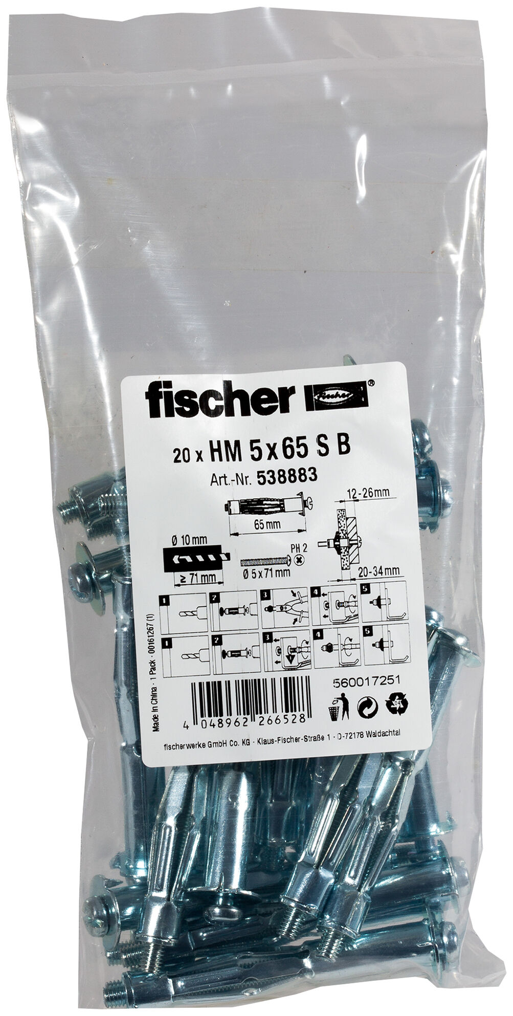 Verpackung: "fischer Hohlraum-Metalldübel HM 5 x 65 S B im Beutel"