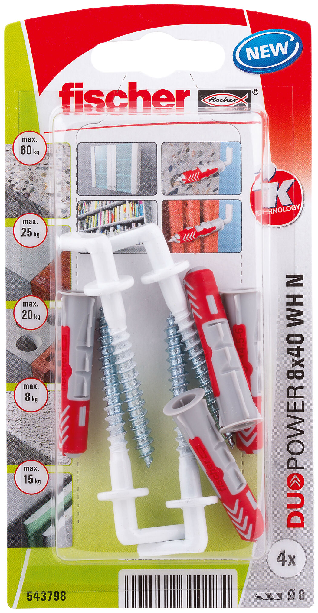 Packaging: "fischer DuoPower 8 x 40 WH N with angle hook"