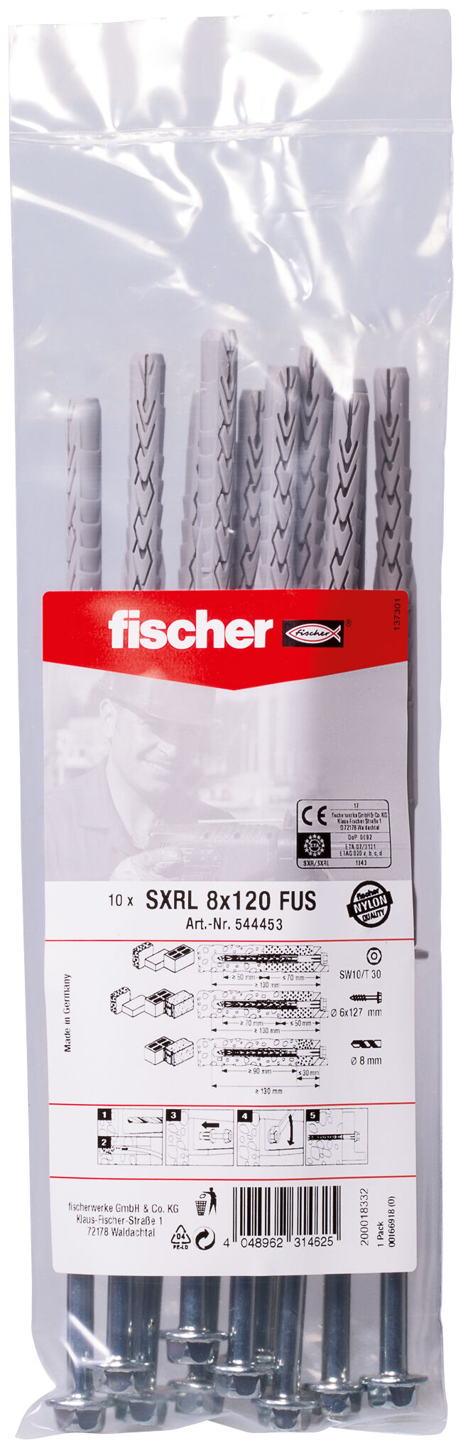 Packaging: "fischer Çerçeve dübeli SXRL 8 x 120 FUS çinko kaplı çelik"