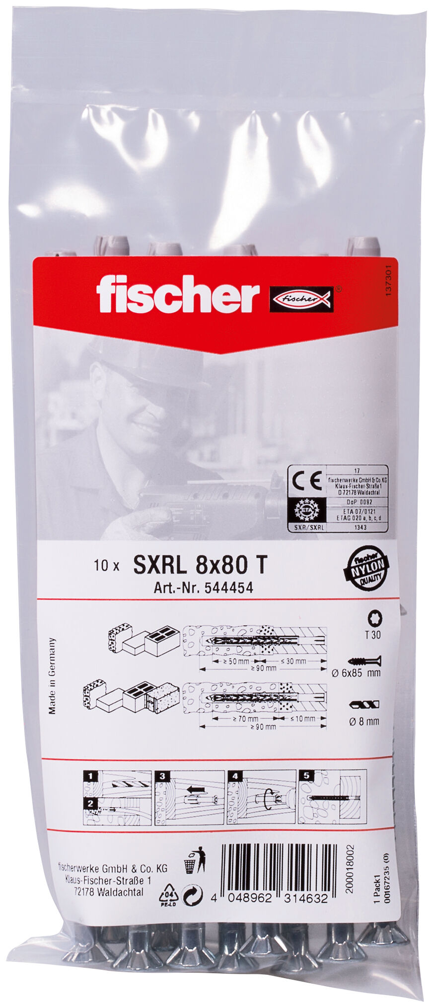 Packaging: "fischer 프레임 앵커 SXRL 8 x 80 T 아연도금"