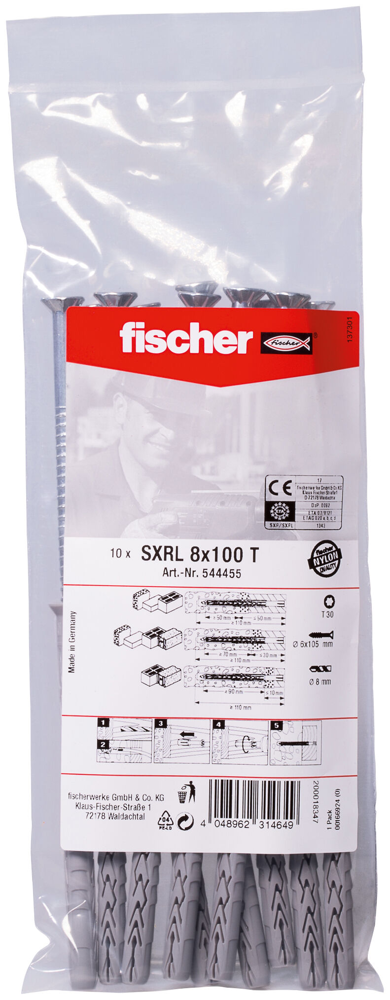 Packaging: "fischer Çerçeve dübeli SXRL 8 x 100 T çinko kaplı çelik"