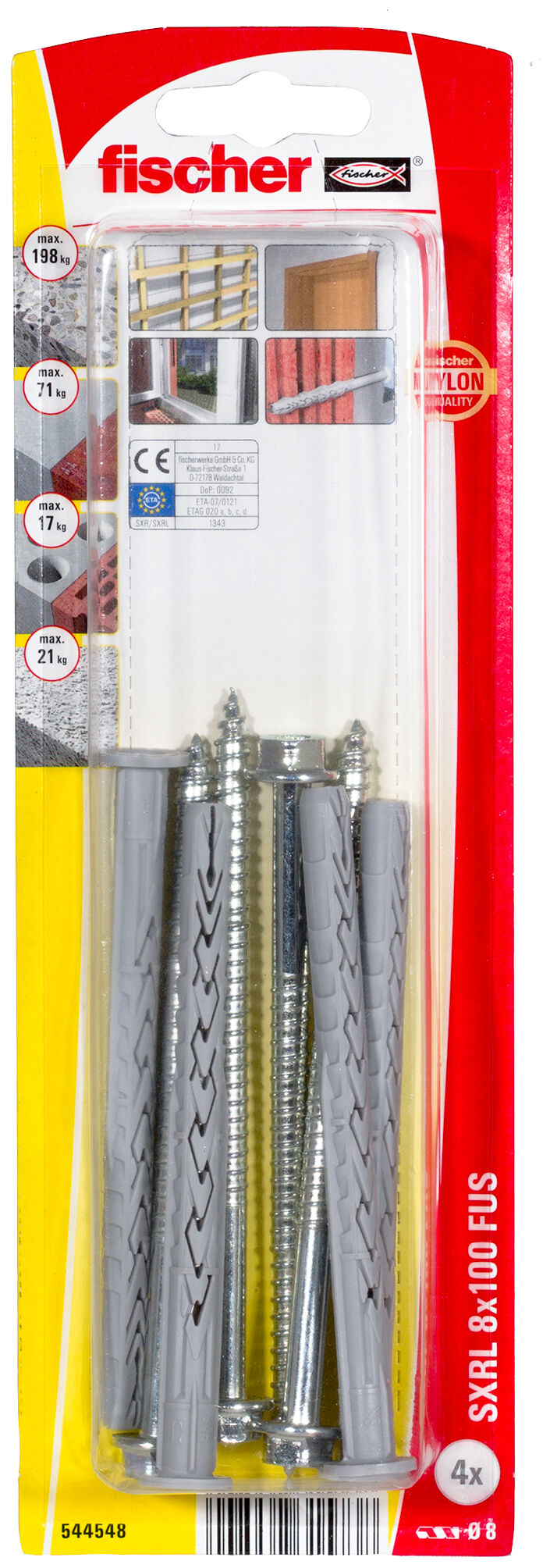 Verpackung: "fischer Langschaftdübel SXRL 8 x 100 FUS Sechskantschraube mit U-Scheibe"