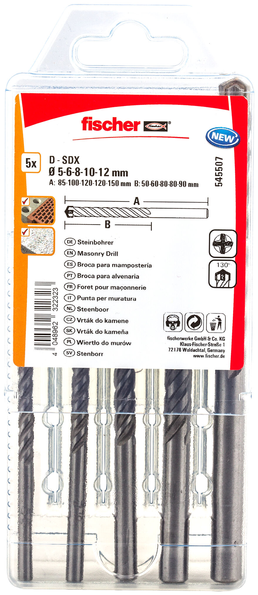 Packaging: "fischer Stone drill bit D-SDX Set 5-12 mm (5 pcs)"