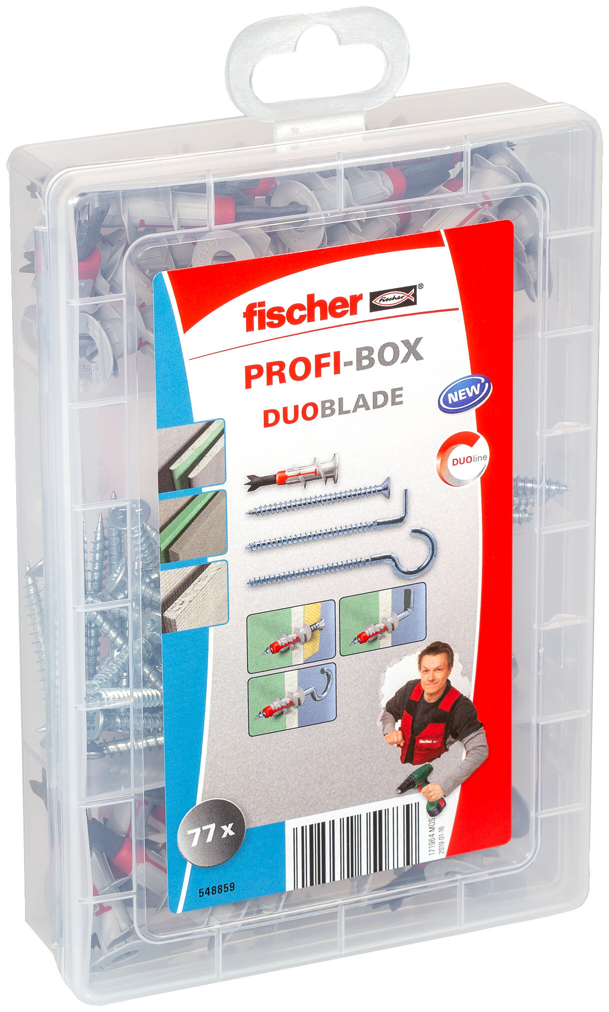 Product Picture: "Maletin Profi-Box de tacos DuoBlade con tornillos, alcayatas y hembrilla abiertas"