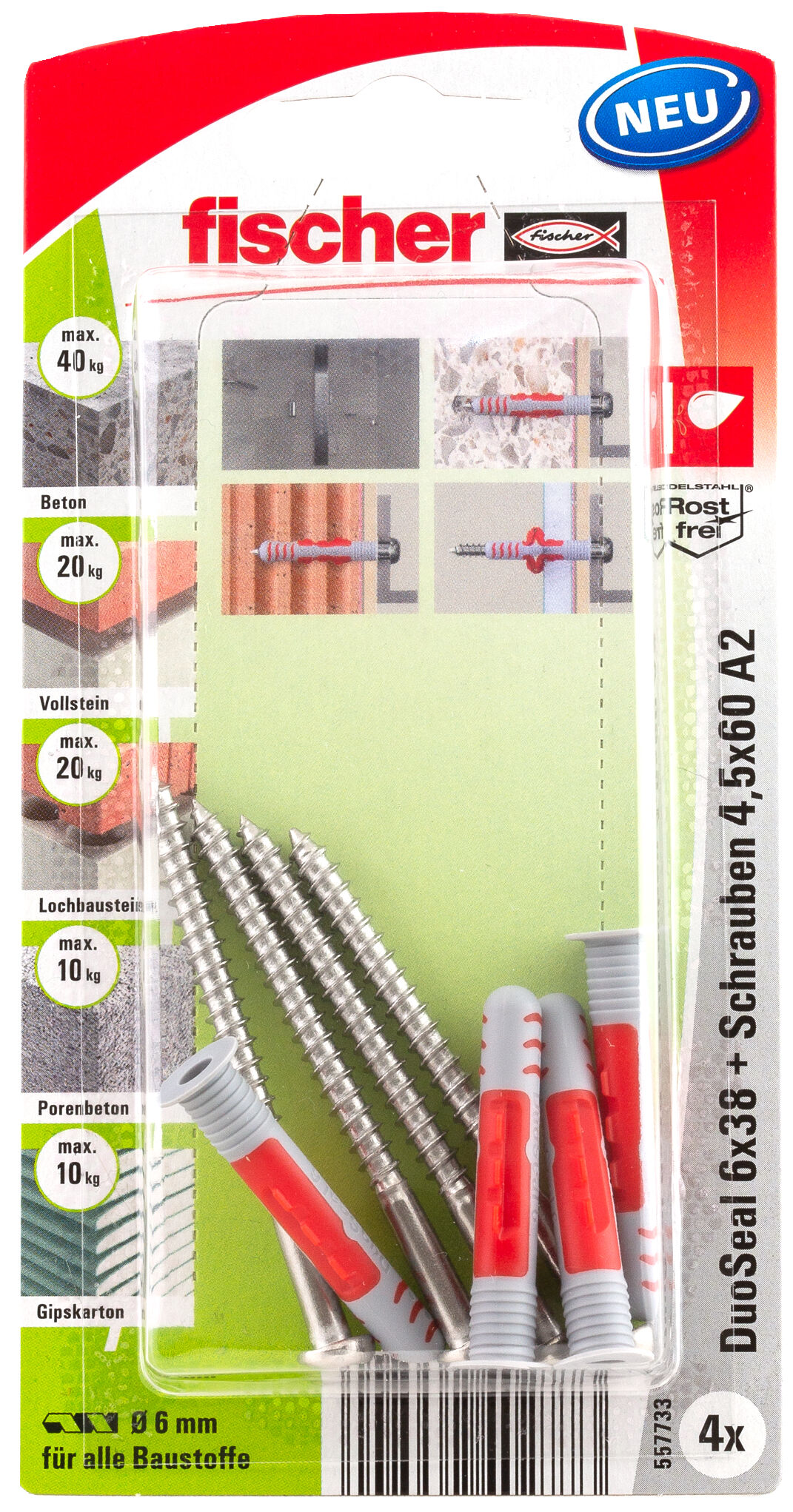 Verpackung: "fischer DuoSeal 6 x 38 S PH TX A2 K"