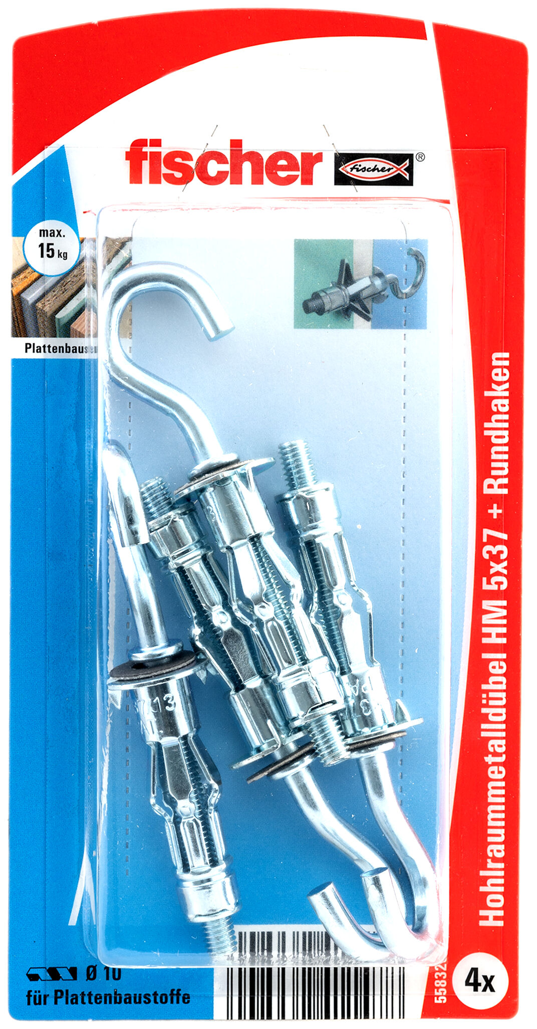 Verpackung: "fischer Hohlraum-Metalldübel HM 5 x 37 RH mit Rundhaken"