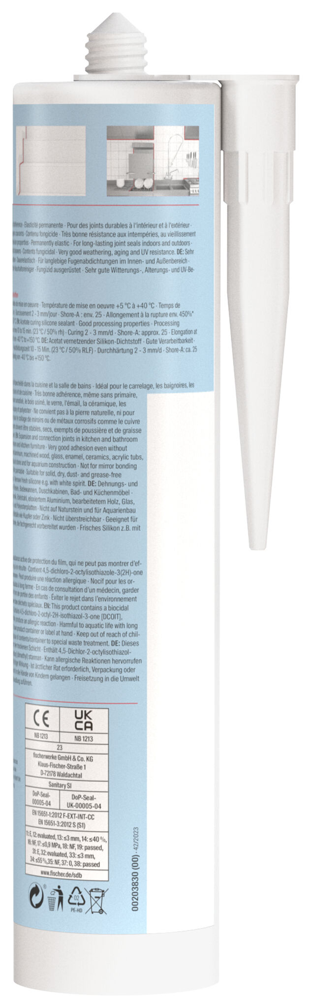 Packaging: "fischer sanitary silicone Sanitary SI (DSSI) white 280 ml"
