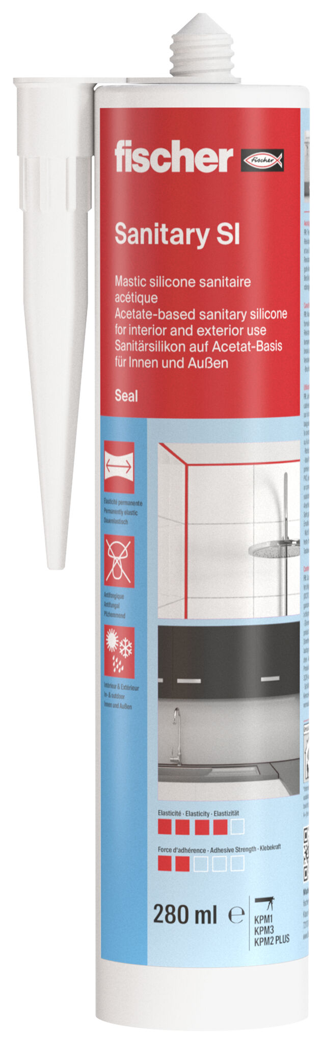 Packaging: "fischer sanitary silicone Sanitary SI (DSSI) white 280 ml"