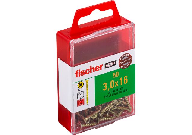 Product Picture: "PowerFast fischer 3,0 x 16 cap înecat placat cu zinc galben filet total antrenare în cruce PZ cutie"