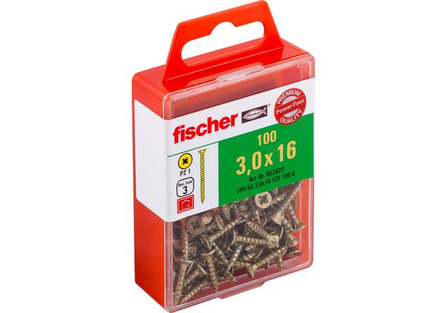 Product Picture: "fischer PowerFast 3.0 x 16 countersunk head yellow zinc plated full thread cross drive PZ box"