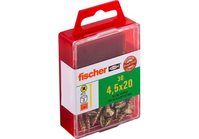 Product Picture: "fischer PowerFast 4.5 x 20 countersunk head yellow zinc plated full thread cross drive PZ box"
