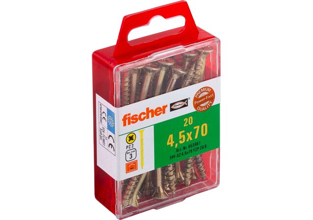 Product Picture: "PowerFast fischer 4,5 x 70 cap înecat placat cu zinc galben filet parțial antrenare în cruce PZ"