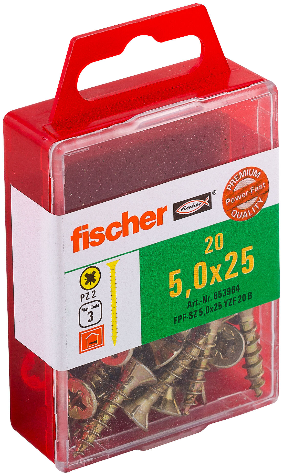 Product Picture: "fischer PowerFast 5.0 x 25 countersunk head yellow zinc plated full thread cross drive PZ box"