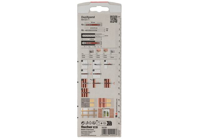 Packaging: "Cheville rallongée DuoXpand 8 x 120 T en acier électrozingué"