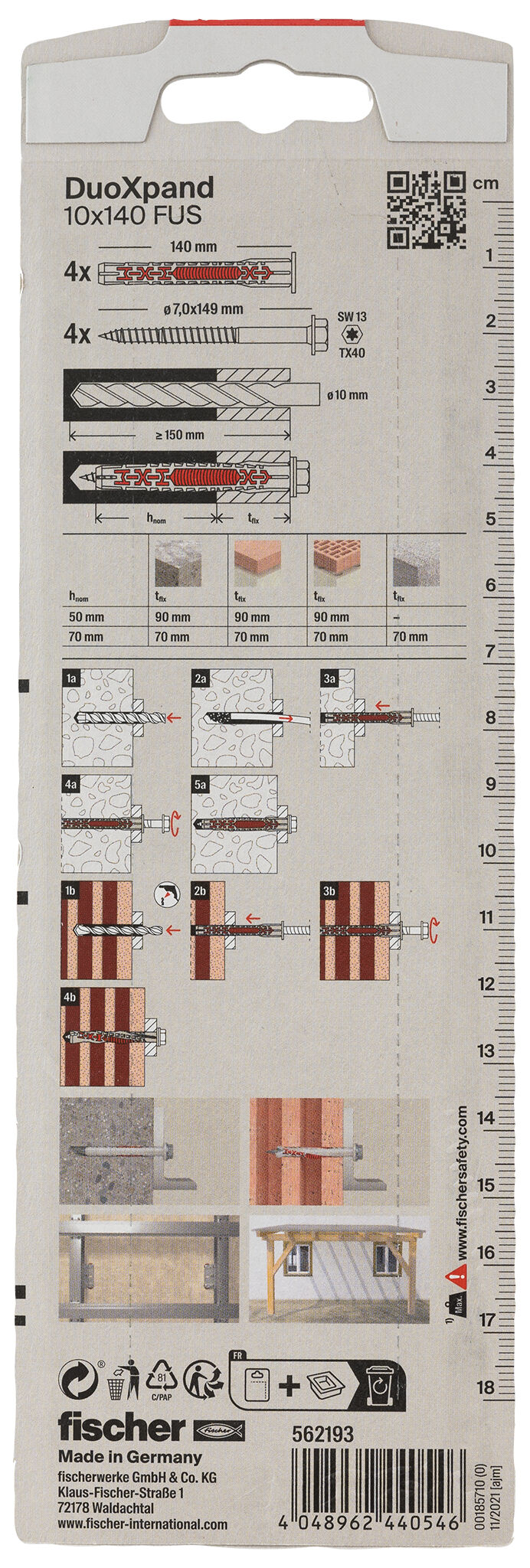 Verpackung: "fischer Langschaftdübel DuoXpand 10 x 140 FUS Sechskantschraube mit U-Scheibe"