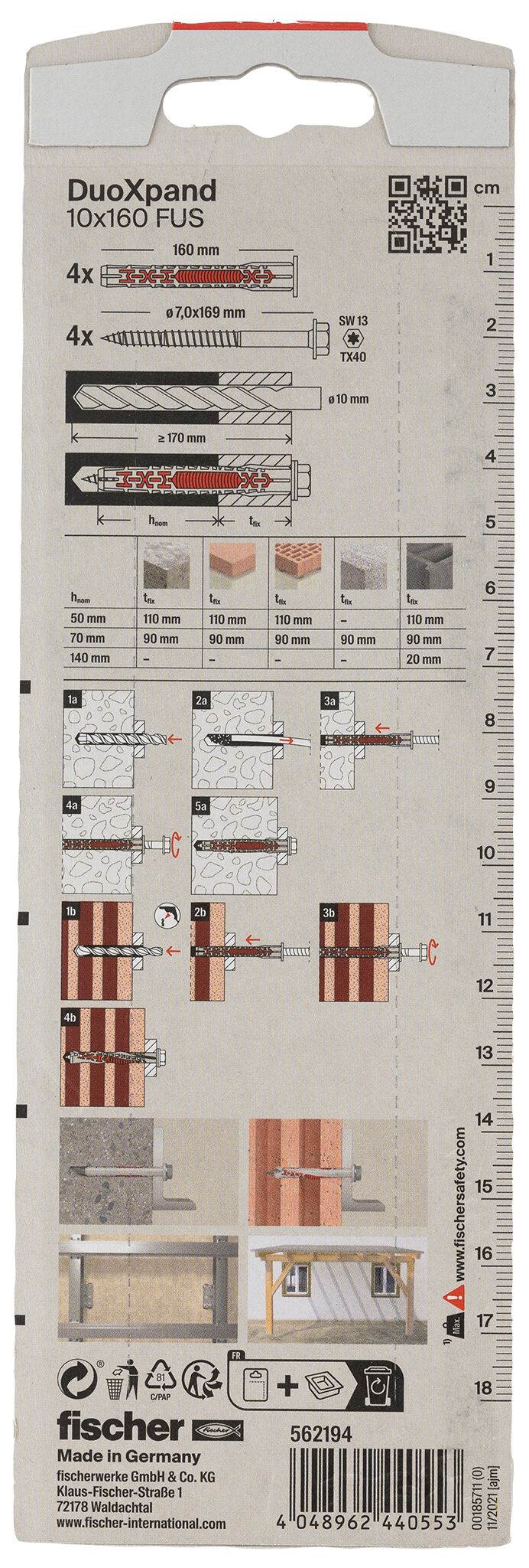 Packaging: "fischer constructieplug DuoXpand 10 x 160 FUS zeskant kop"