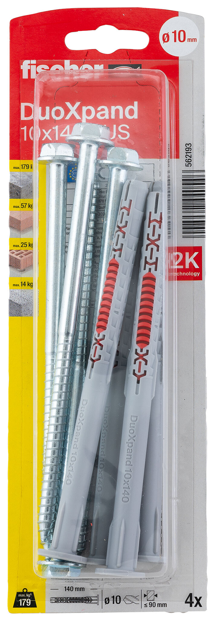 Verpackung: "fischer Langschaftdübel DuoXpand 10 x 140 FUS Sechskantschraube mit U-Scheibe"