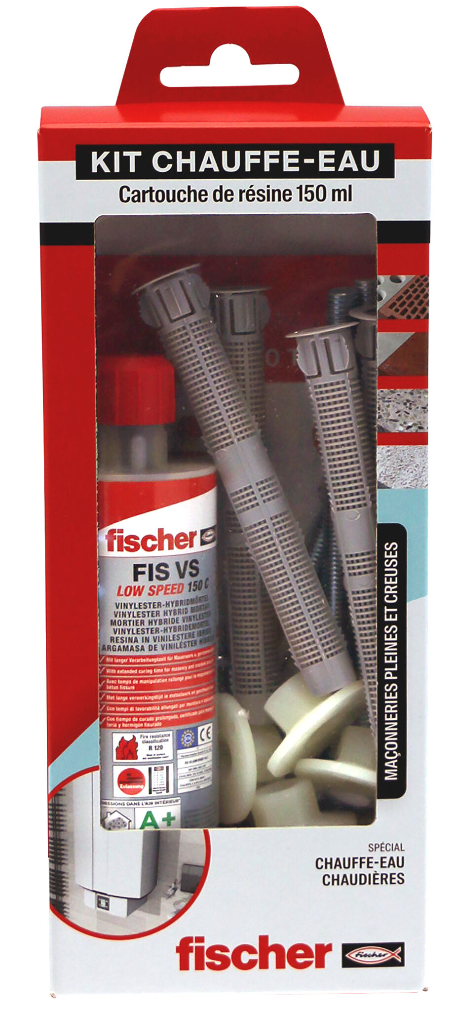 Product Picture: "Kit scellement chimique spécial chauffe-eau / Cartouche de résine FIS VS 150 ml, embouts mélangeurs, tamis, tiges filetées et écrous"