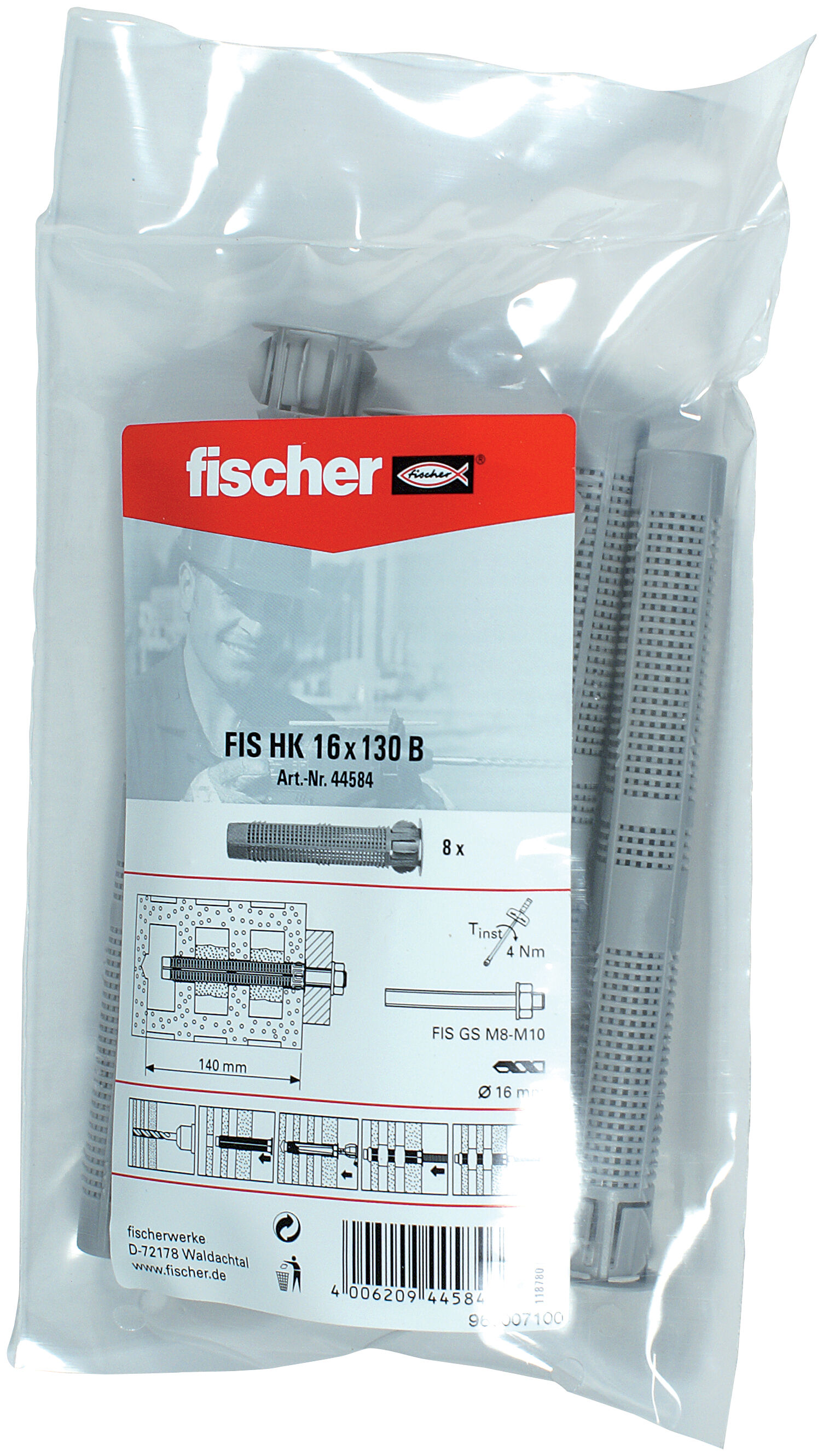 Verpackung: "fischer Injektions-Ankerhülse FIS H 16 x 130 K Kunststoff Polybeutel"
