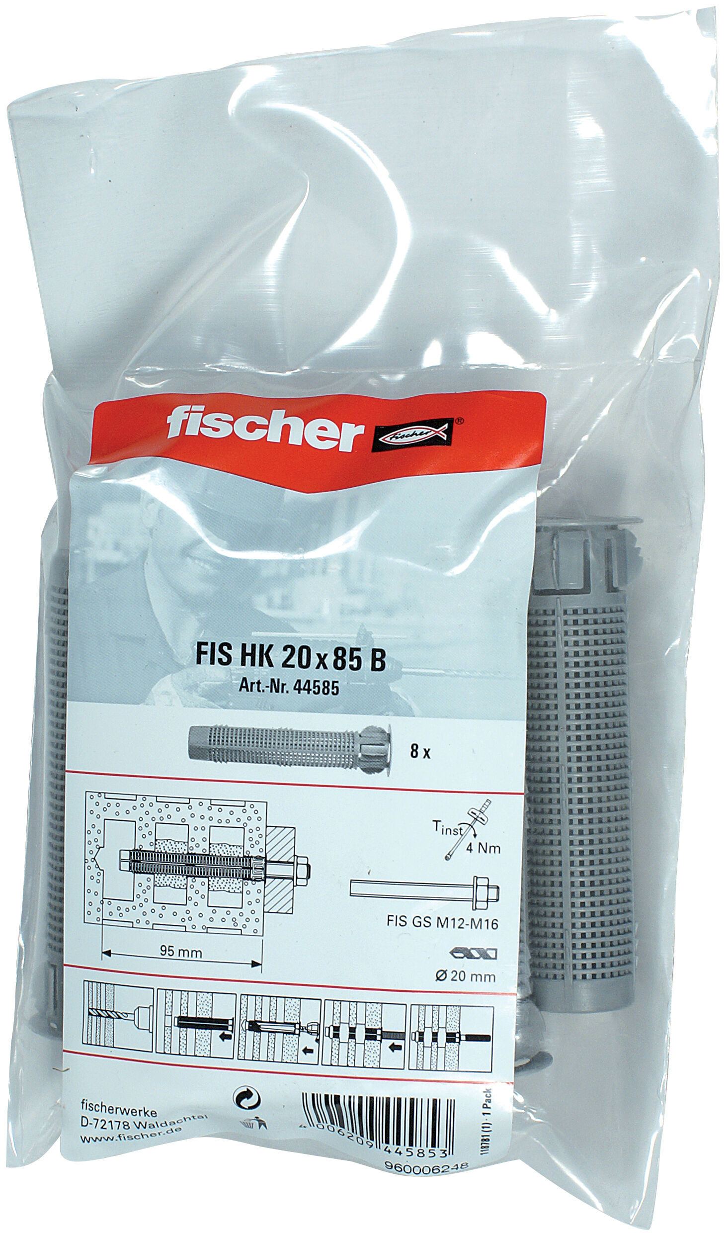 Verpackung: "fischer Injektions-Ankerhülse FIS H 20 x 85 K Kunststoff Polybeutel"