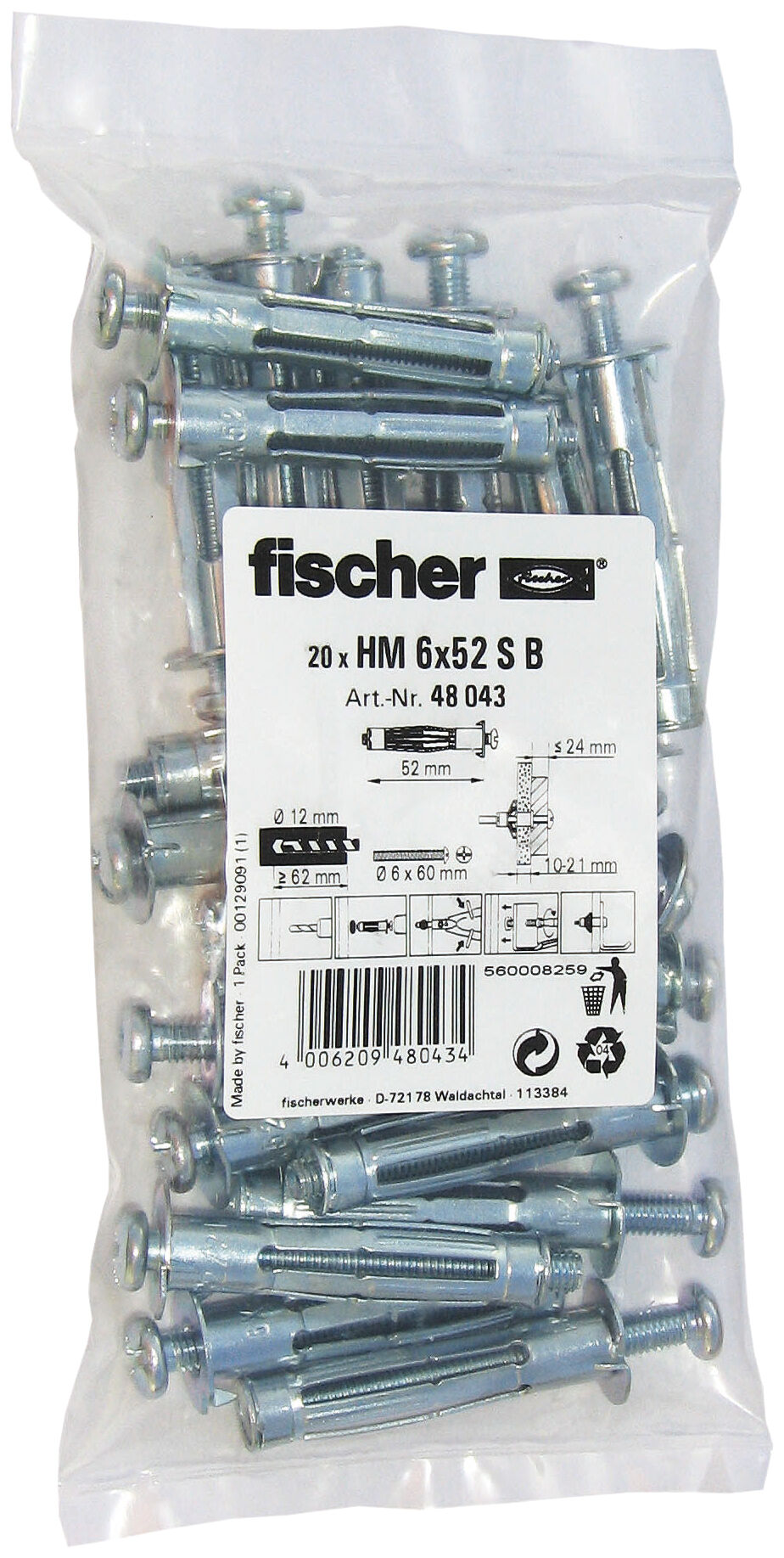 Packaging: "fischer Metal cavity fixing HM 6 x 52 S B polybag"