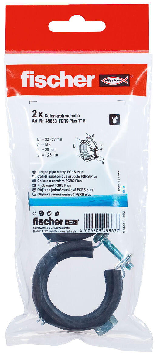 Packaging: "fischer Hinged pipe clamp FGRS Plus 1" B"