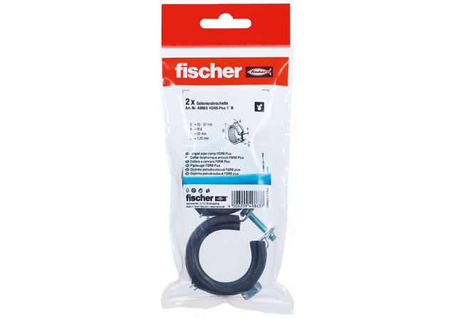 Packaging: "fischer Hinged pipe clamp FGRS Plus 1" B"