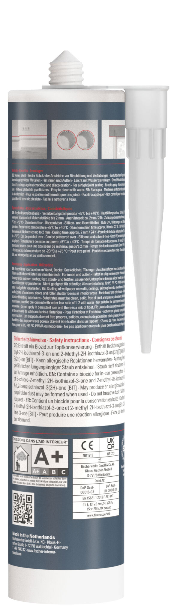 Packaging: "fischer Premium Painter acrylic sealant Paint AC (DMA) white 310 ml"