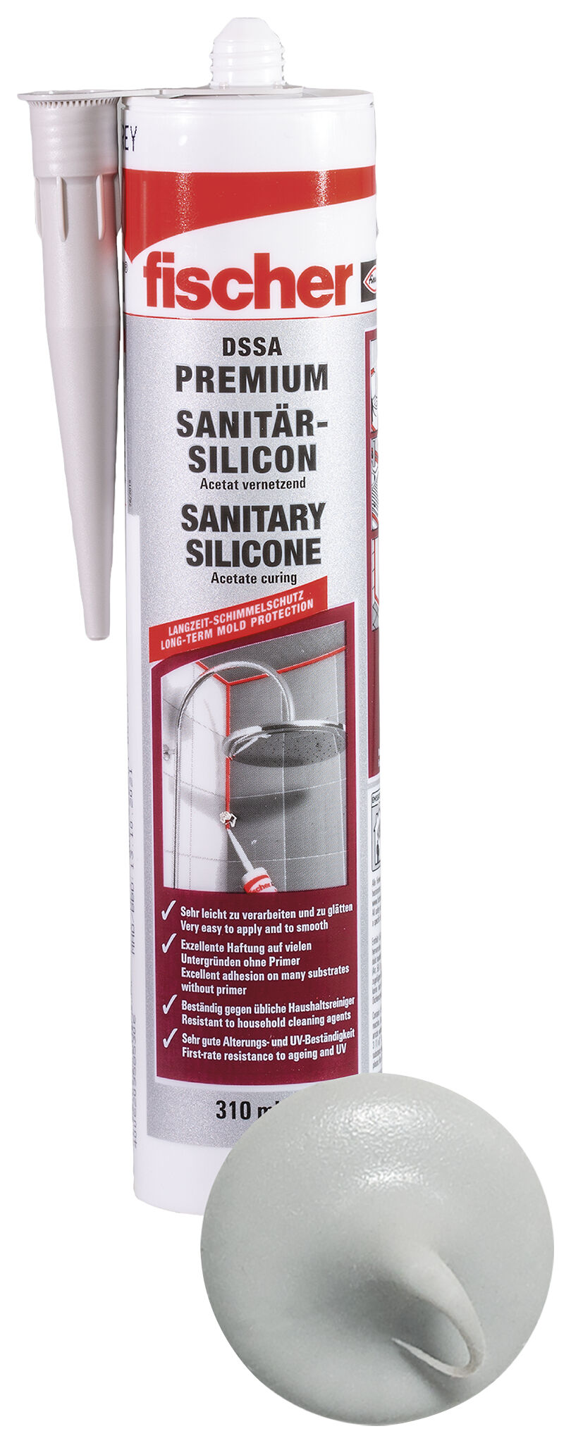 Product Picture: "fischer sanitary silicone DSSA joint grey 310 ml"