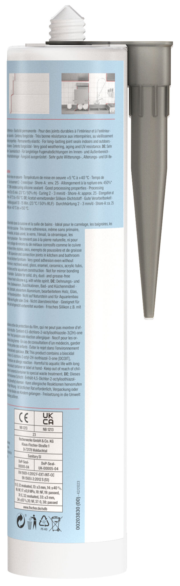 Packaging: "fischer sanitary silicone Sanitary Pro SI (DSSA) sanitary grey 310 ml"