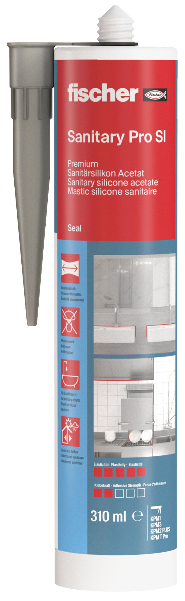 Packaging: "fischer sanitary silicone Sanitary Pro SI (DSSA) sanitary grey 310 ml"