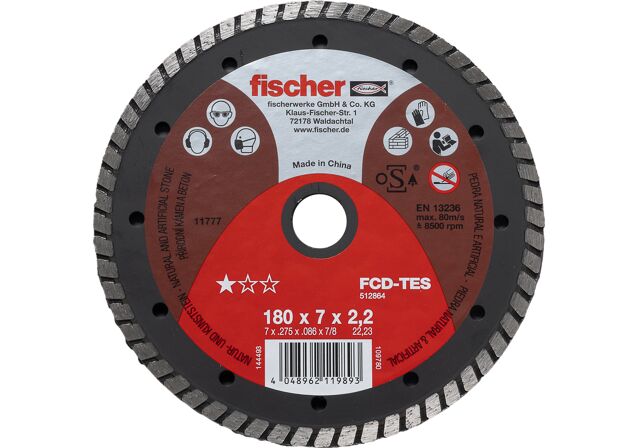 Obrázok produktu: "fischer celoobvodový diamantový rezný kotúč FCD-TES 180 x 2,2 x 22,23 DIA turbo na betón"